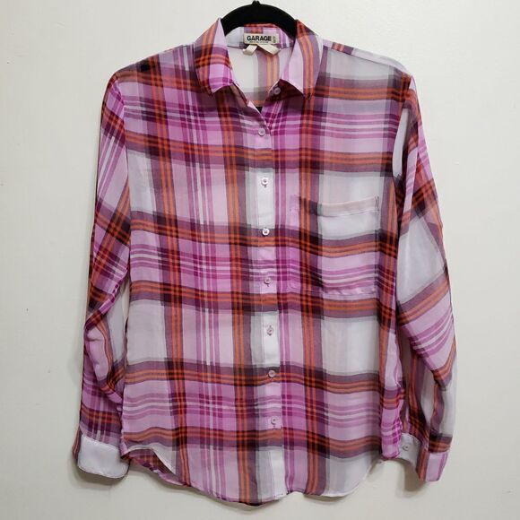 Garage Pink Plaid Sheer Lightweight Button Up Top Feminine Fall, sz XS - Picture 1 of 5